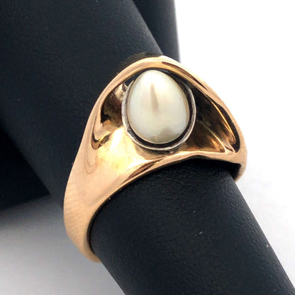 Vintage BAN 14K Yellow Gold Egg Oval Pearl Modernist Statement Ring