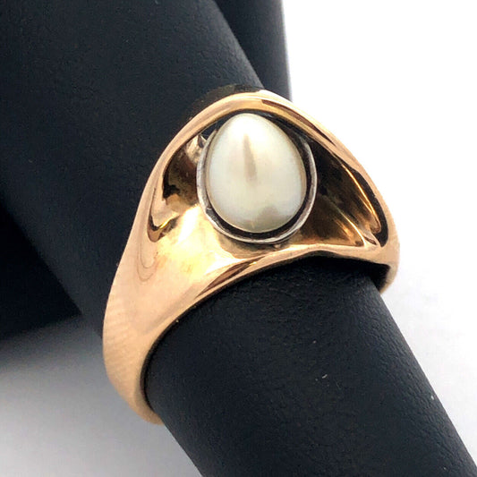 Vintage BAN 14K Yellow Gold Egg Oval Pearl Modernist Statement Ring