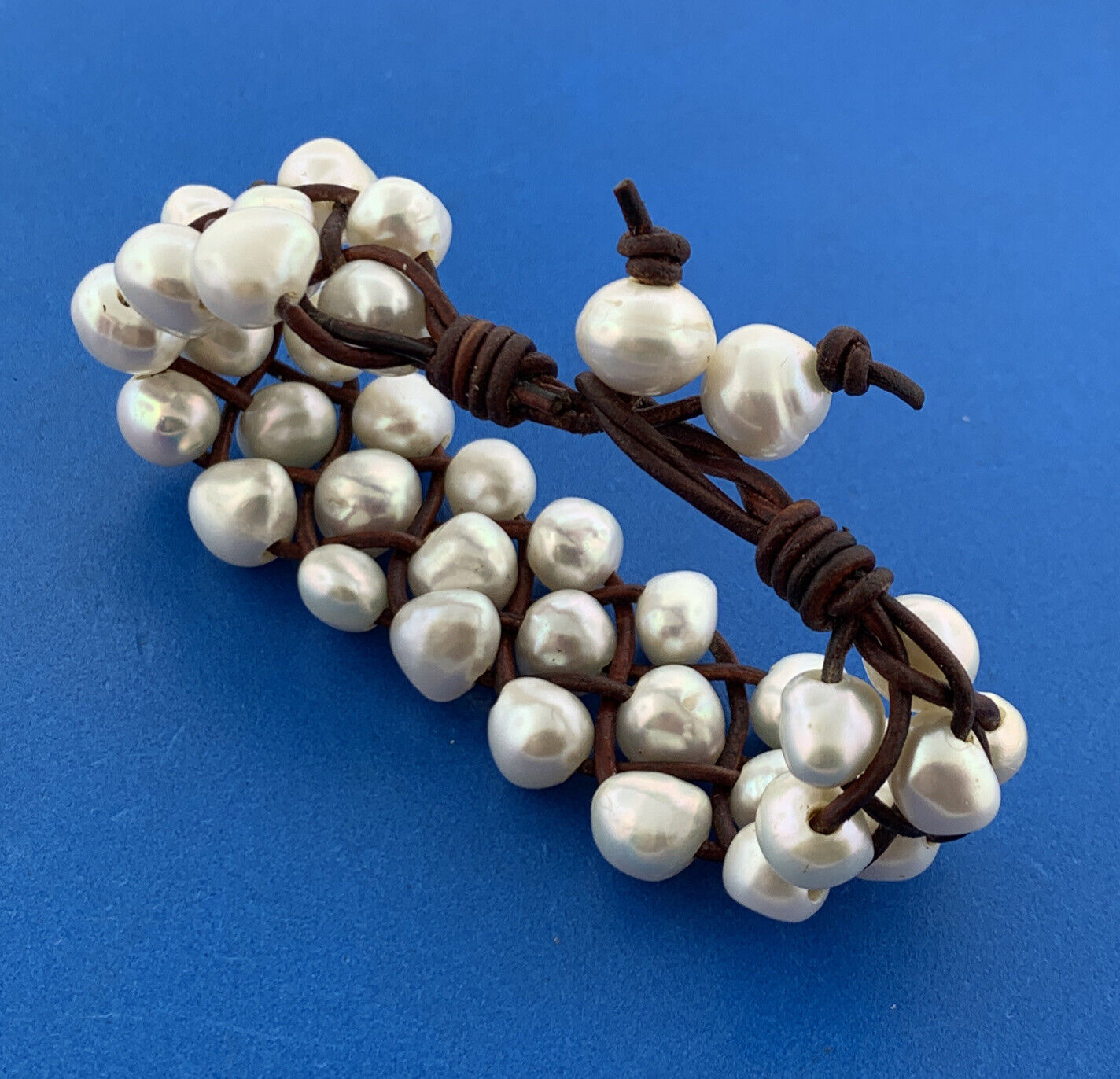 Artisan Braided Leather Three Strand Baroque Pearl Waterfall Toggle Bracelet
