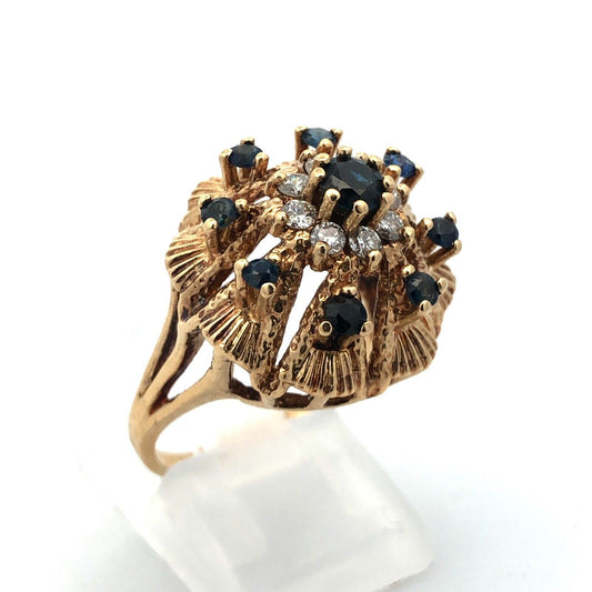 Retro 14K Yellow Gold Sapphire Diamond September Anniversary Princess Harem Ring