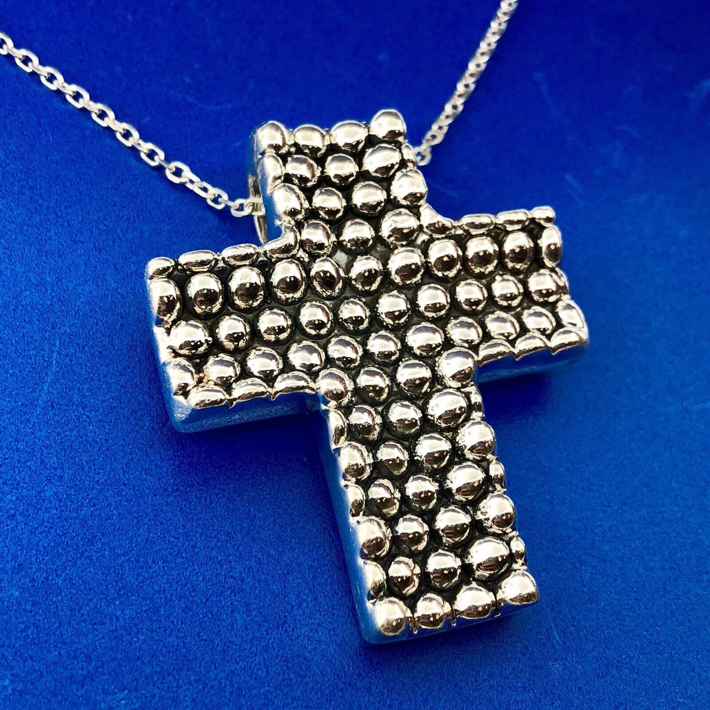 Sterling Silver 925 Intaglio Beaded Cross Religious Communion Pendant Necklace