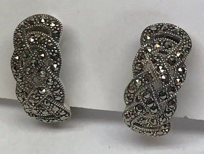 Art Deco 925 Sterling Silver Marcasite Open Work Basket Weave Clip Earrings