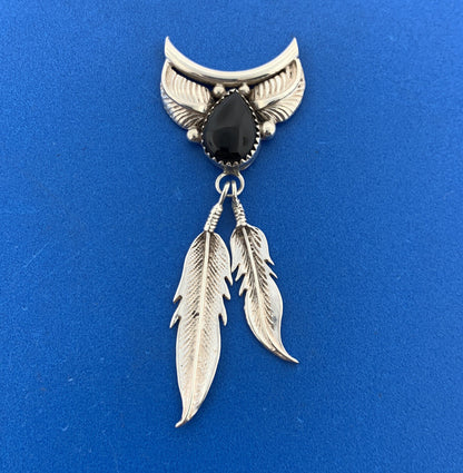 Navajo Designer Eddie Secatero Sterling Silver 925 Onyx Feather Dangle Pendant
