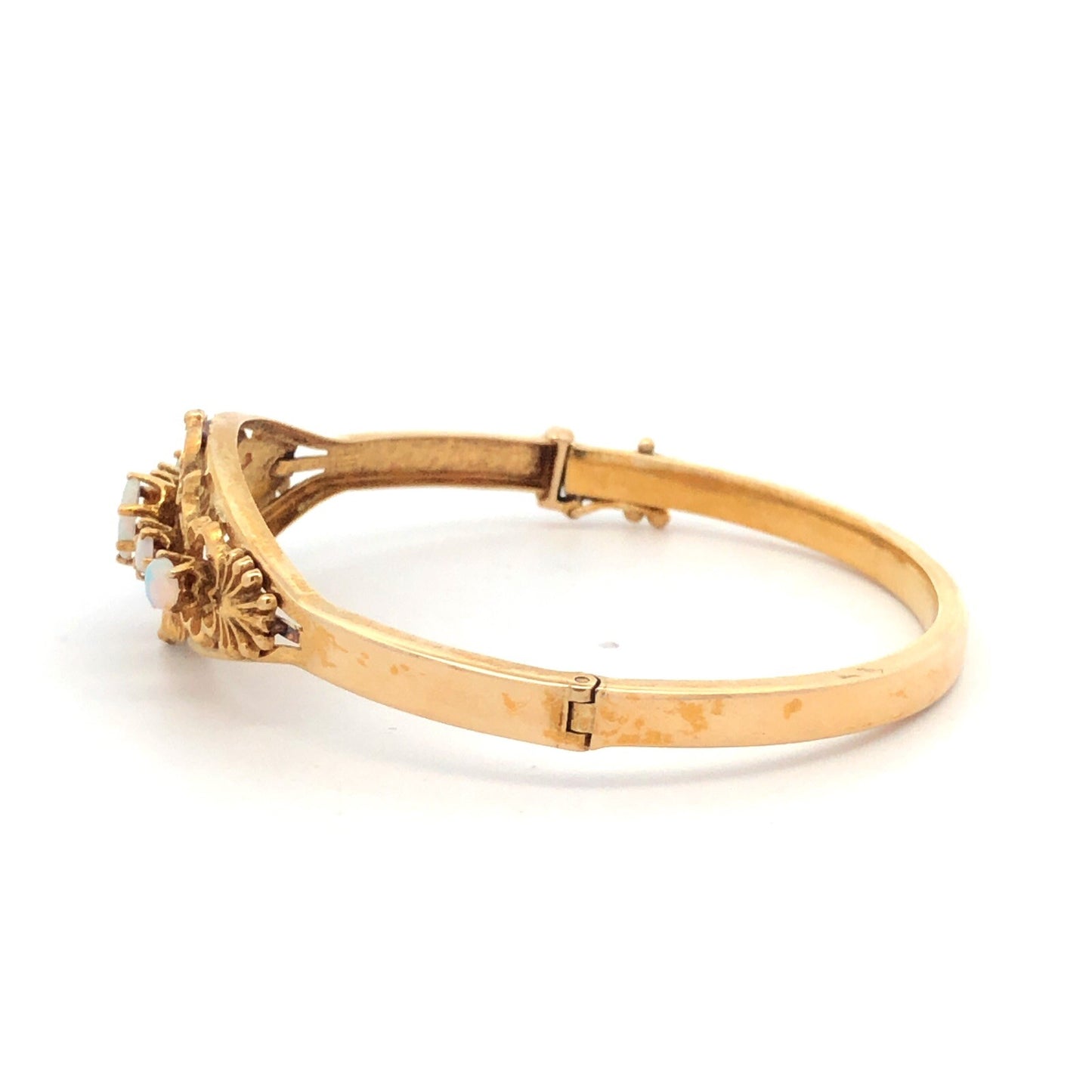 Art Deco 14K Yellow Gold Ornate Opal Scroll Decorative Scroll Bangle Bracelet