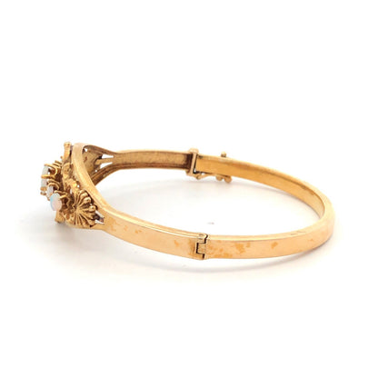 Art Deco 14K Yellow Gold Ornate Opal Scroll Decorative Scroll Bangle Bracelet