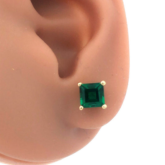 Designer 10K Yellow Gold Square Princess Cut Green Tourmaline Stud Earrings