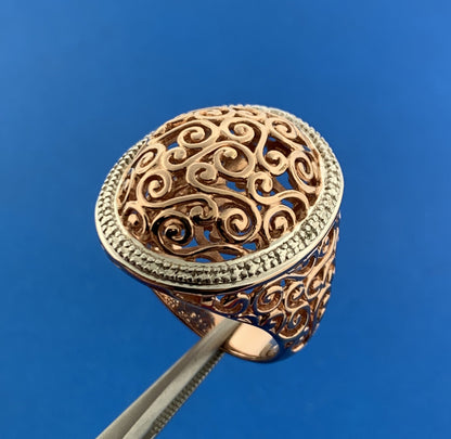 Designer Sterling Silver Rose Vermeil Two Tone Open Scroll Statement Dome Ring