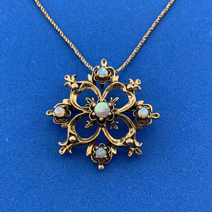 14K 18K Yellow Gold Opal Floral Starburst Vintage Pin Brooch Pendant Necklace
