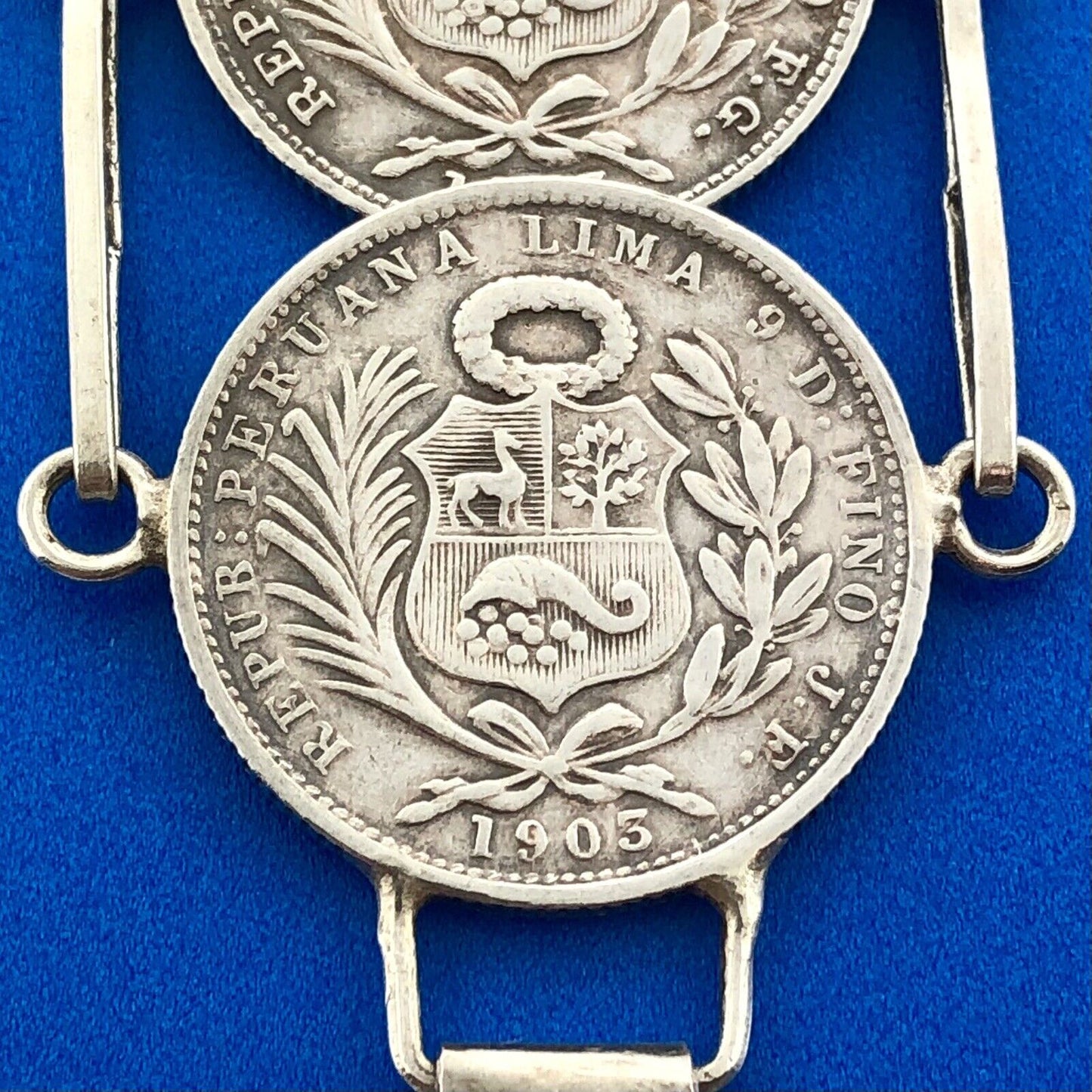Vintage 925 Sterling Silver 900 Fine Peru 1/5 Sol Eight Coin Panel Bracelet