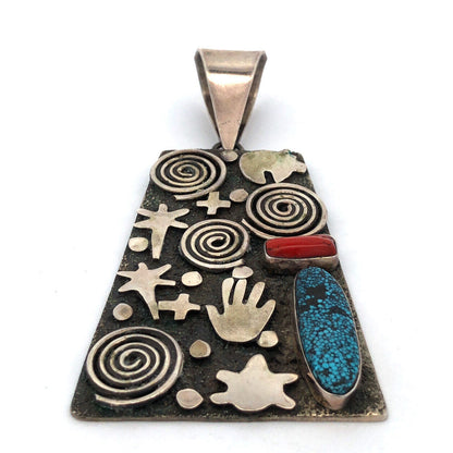 Alex Sanchez Navajo Sterling Silver Turquoise Coral Petroglyph Enhancer Pendant