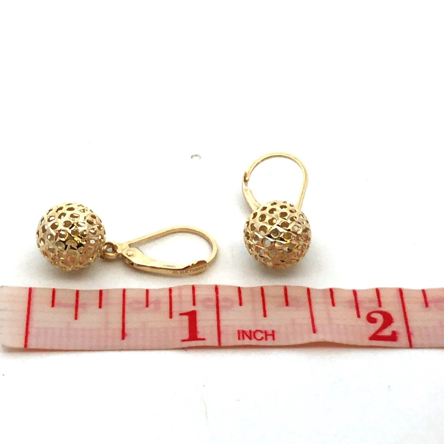 Designer RL 14K Yellow Gold Open Work Round Ball Drop Dangle Leverback Earrings