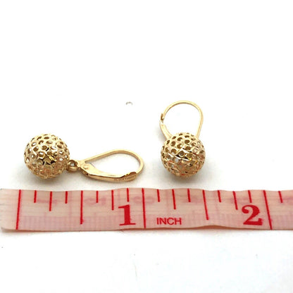 Designer RL 14K Yellow Gold Open Work Round Ball Drop Dangle Leverback Earrings