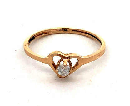 Estate 14K Yellow Gold Round White Tourmaline Solitaire Heart Love Promise Ring