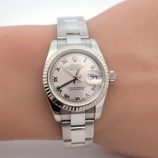 Ladies Rolex Oyster Perpetual Datejust Stainless Rhodium Roman Dial - 179174
