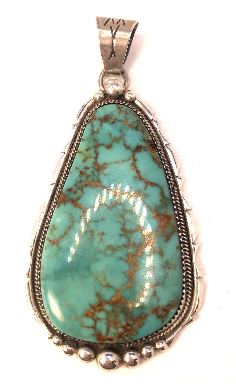 Harold Becenti Navajo 925 Sterling Silver Pear Turquoise Statement Pendant