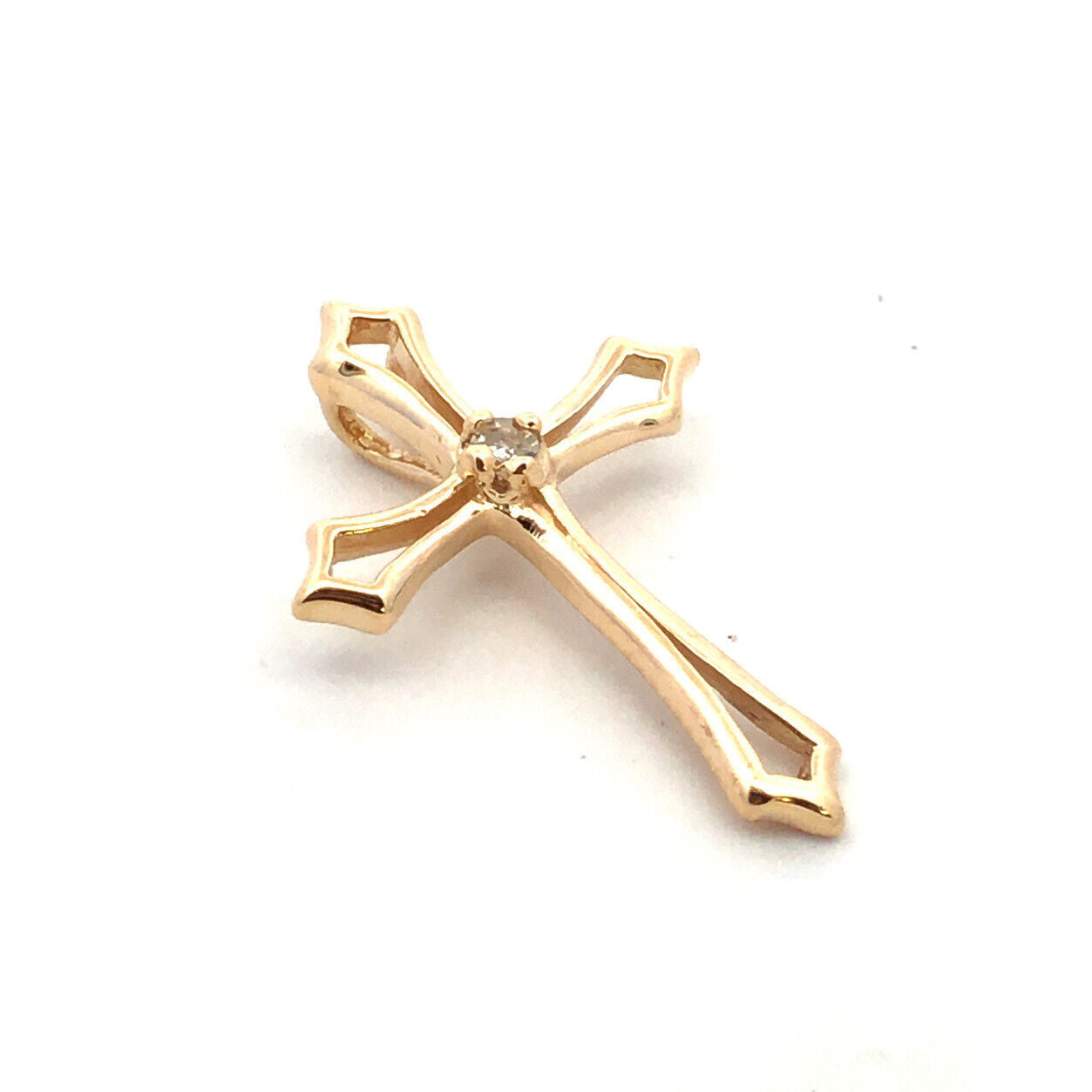 Designer 14K Yellow Gold Round Diamond Catholic Christian Cross Pendant