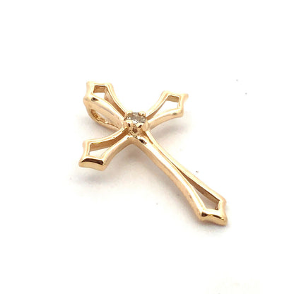 Designer 14K Yellow Gold Round Diamond Catholic Christian Cross Pendant