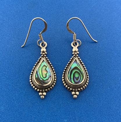 Beautiful 925 Sterling Silver Abalone Pear Shaped Balinese Style Dangle Earrings