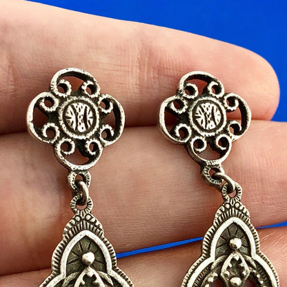 Retro 925 Sterling Silver Black Onyx Scroll Dangle Drop Earrings