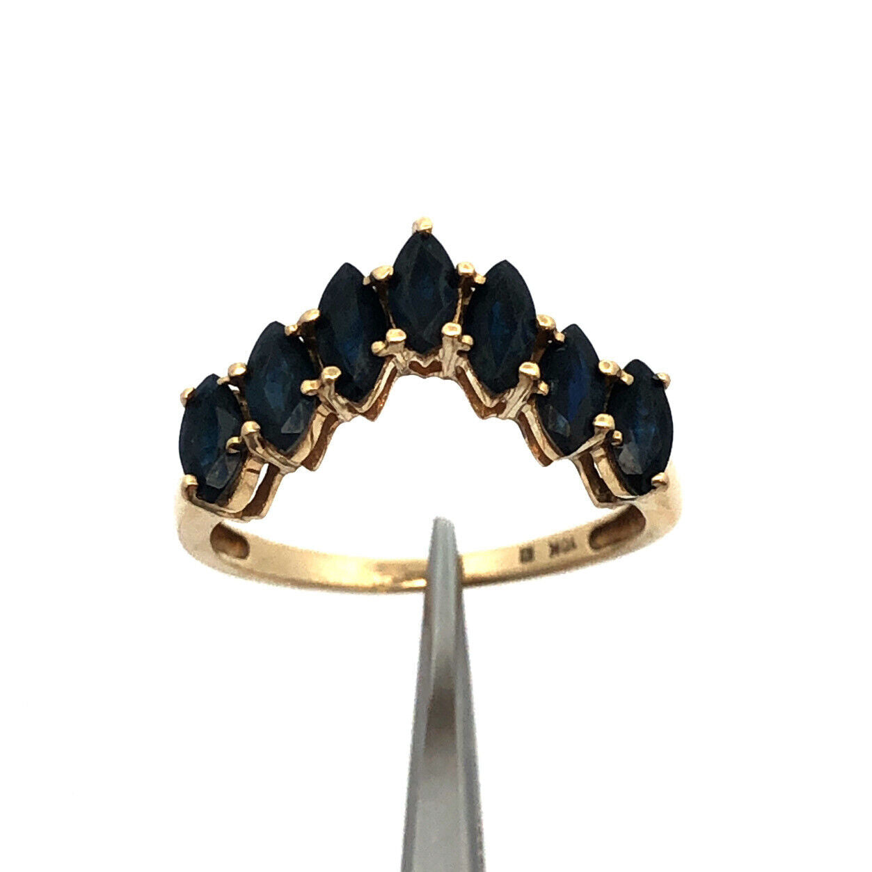 Designer 10K Yellow Gold Marquise Blue Sapphire V Shaped Anniversary Band Ring