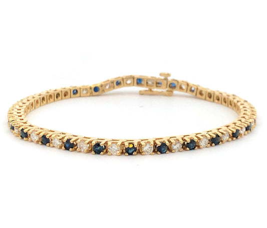 Vintage 14K Yellow Gold Round Blue Sapphire Diamond Statement Tennis Bracelet