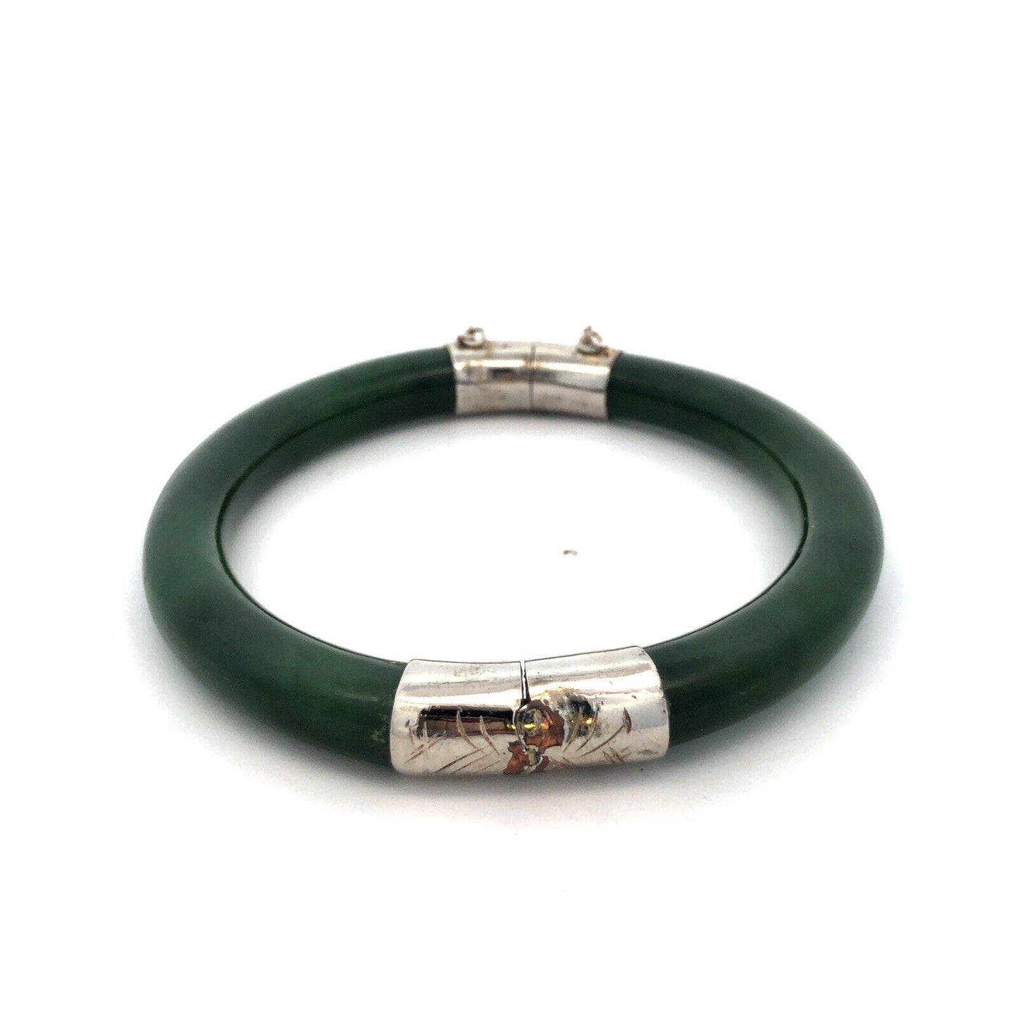 Vintage Designer CTY 925 Sterling Silver Jade Hinged Cuff Statement Bracelet