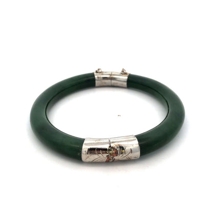Vintage Designer CTY 925 Sterling Silver Jade Hinged Cuff Statement Bracelet