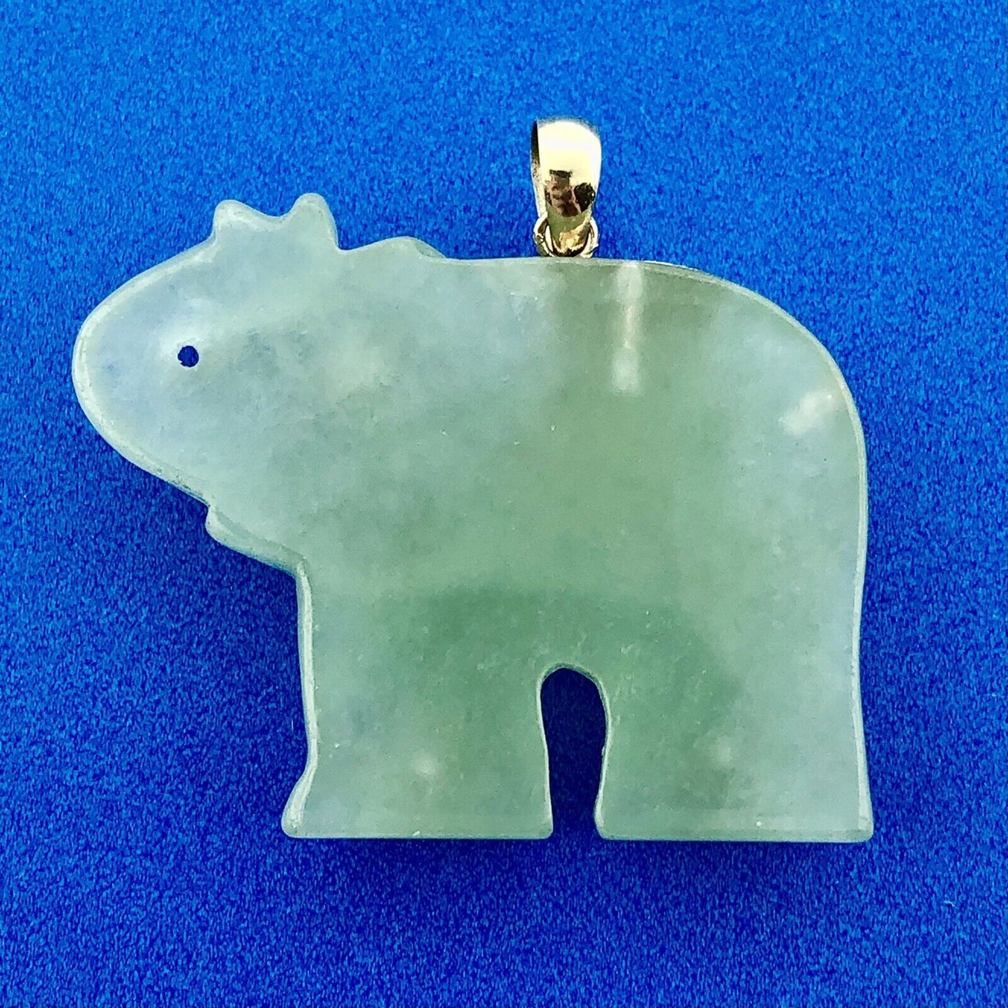 Vintage 14K Yellow Gold Carved Jade Jadeite Ruby Eye Elephant Good Luck Pendant