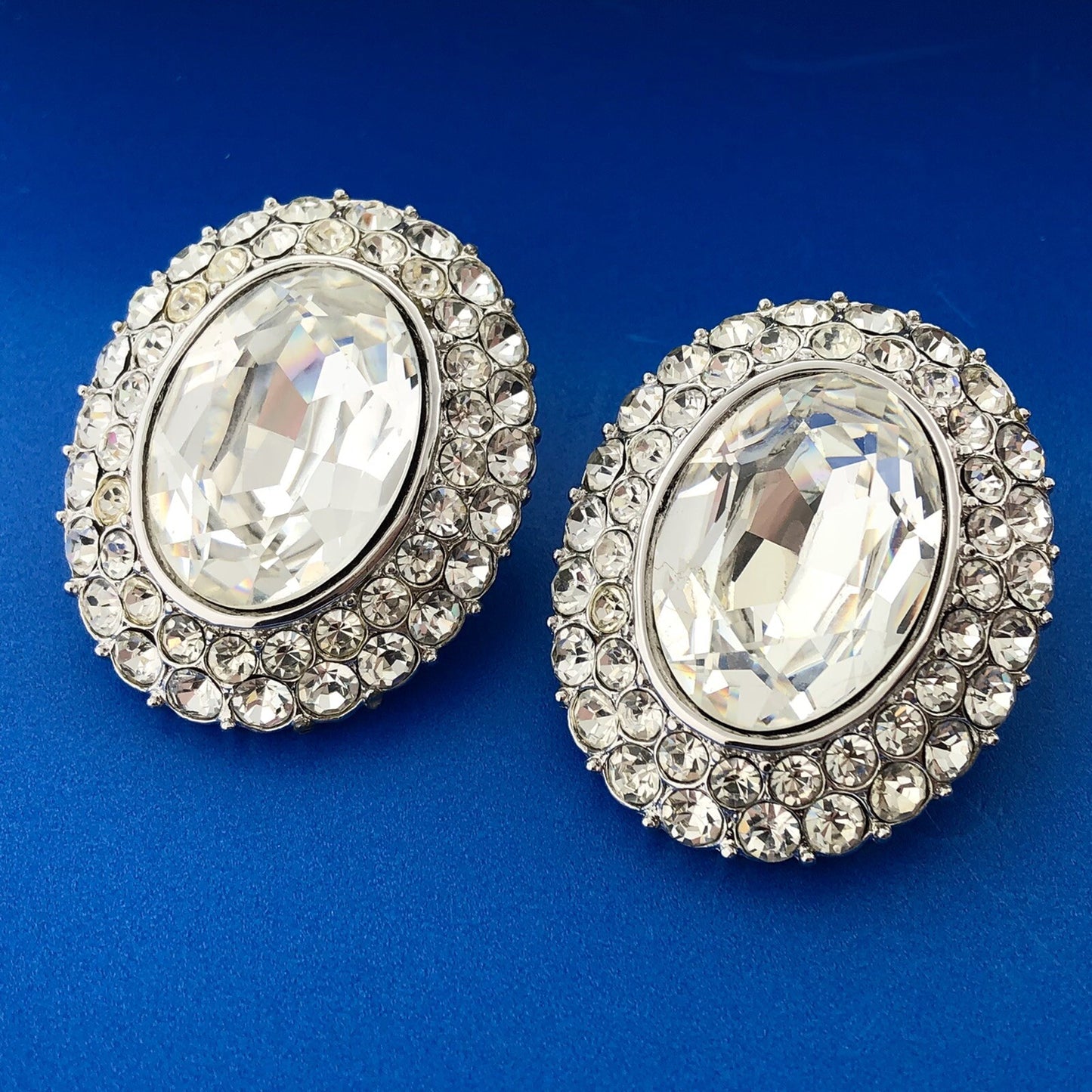 Vintage Yves Saint Laurent Silver Tone Rhinestone Signed Runway Clip Earrings