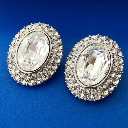 Vintage Yves Saint Laurent Silver Tone Rhinestone Signed Runway Clip Earrings