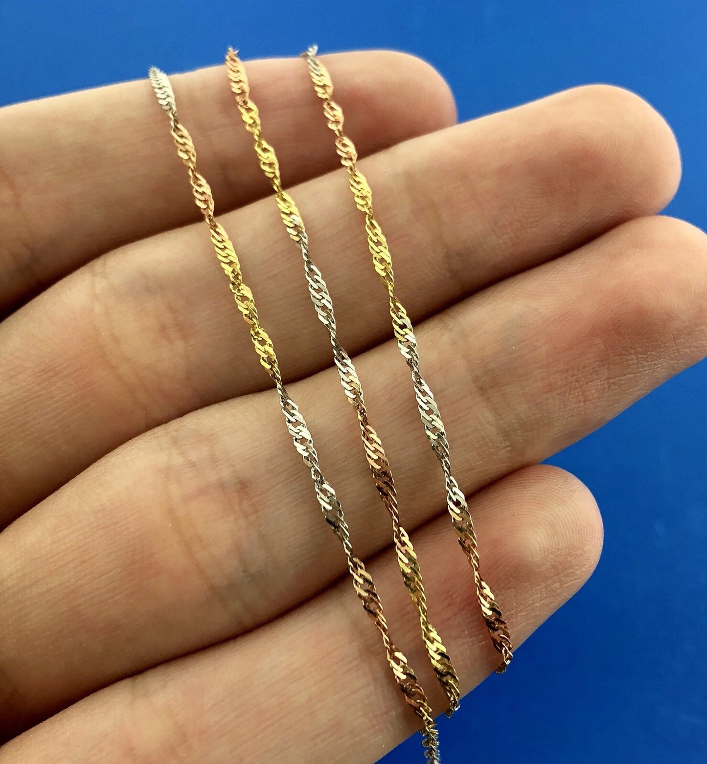 Retro 14K Yellow White Rose Gold Tri-Colored Diamond Cut Twisted Chain Necklace