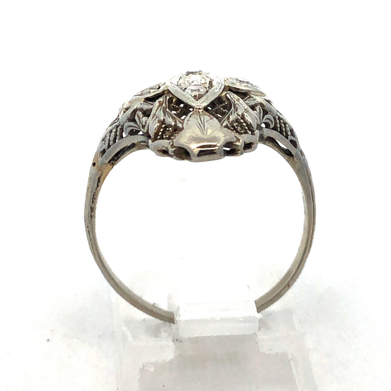 Art Nouveau Art Deco 18K White Gold Diamond Filigree Statement Finger Ring