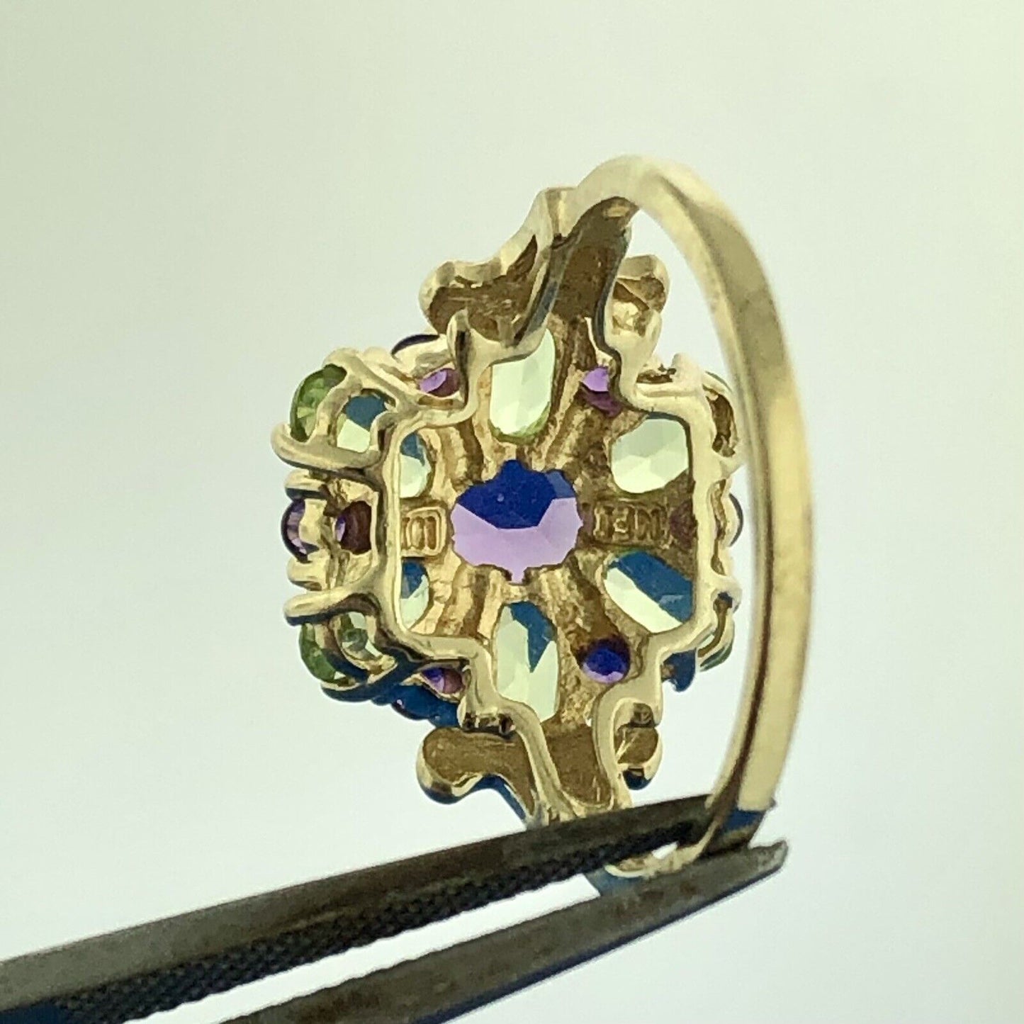 Retro 10K Yellow Gold Peridot Amethyst Floral Flower Cluster Statement Ring