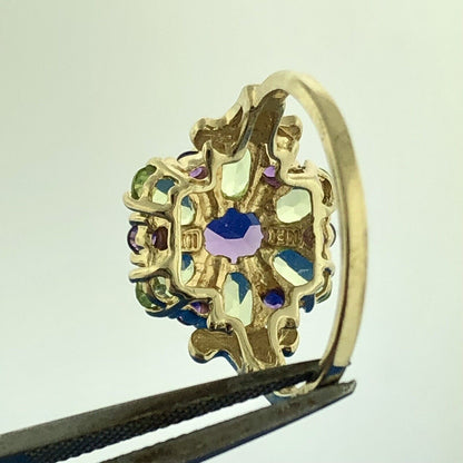 Retro 10K Yellow Gold Peridot Amethyst Floral Flower Cluster Statement Ring