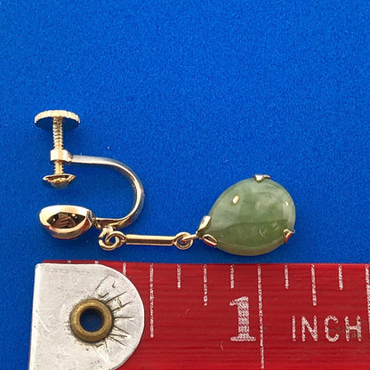 Estate Designer 14K Yellow Gold Apple Jadeite Jade Pear Drop Screw Back Earrings