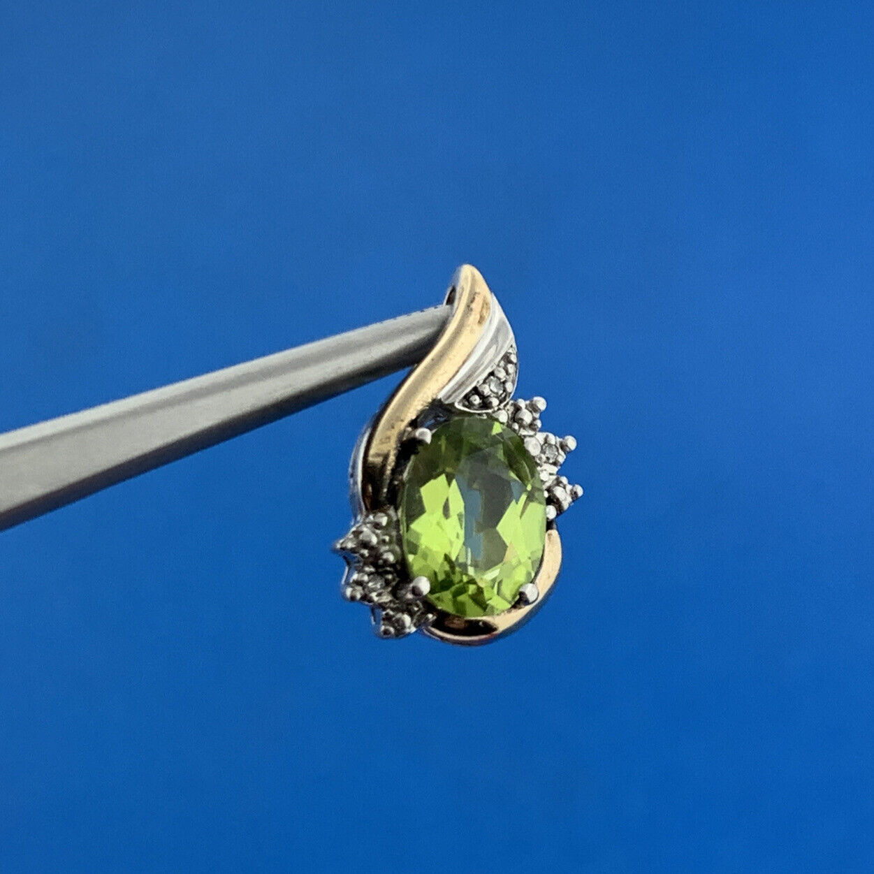 Designer 925 Sterling Silver 10K Yellow Gold Oval Peridot Diamond Accent Pendant