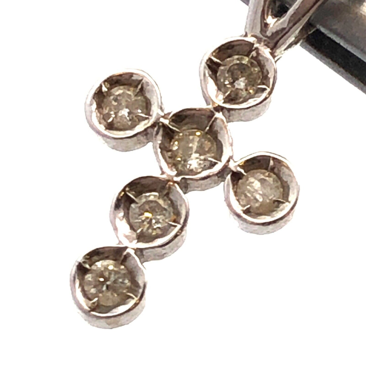 Designer 14K White Gold Round Diamond Bezel Petite Religious Cross Pendant