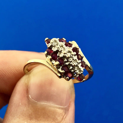 Vintage 10K Yellow Gold Ruby Diamond Cluster Bypass Cocktail July Occasion Ring