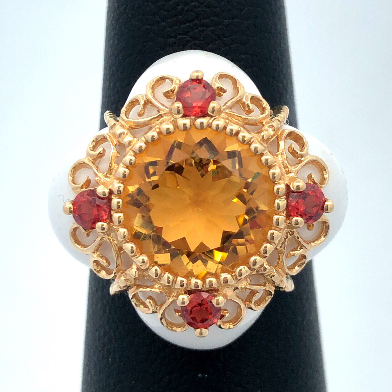 Designer 14K Yellow Gold Citrine Orange Tourmaline White Agate Statement Ring