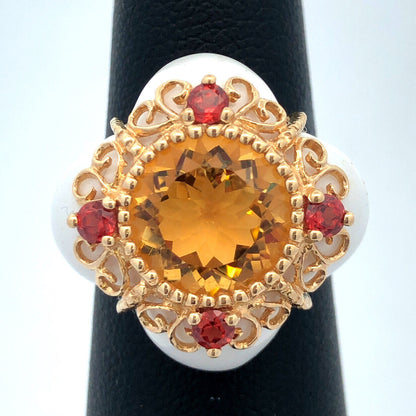 Designer 14K Yellow Gold Citrine Orange Tourmaline White Agate Statement Ring