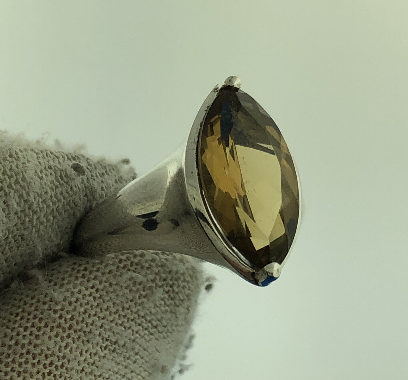 Designer KN China Sterling Silver 925 Marquise Smoky Quartz Topaz Cocktail Ring