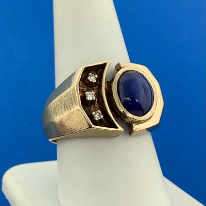 10K Yellow Gold Oval Blue Star Sapphire Diamond Accented Unisex Evil Eye Ring
