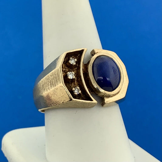 10K Yellow Gold Oval Blue Star Sapphire Diamond Accented Unisex Evil Eye Ring