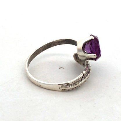 Vintage FS Mexico 925 Sterling Silver Round Purple Sapphire Feather Bypass Ring