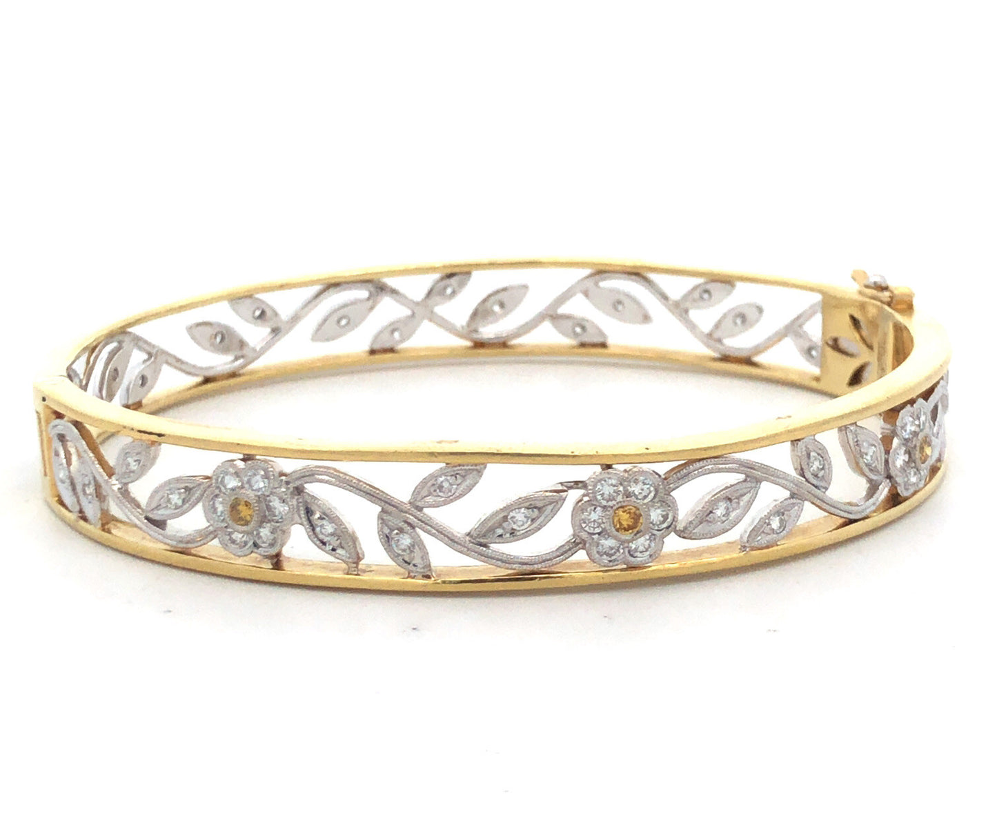 Gorgeous 18k Yellow White Gold Champagne White Diamond Hinged Cuff Bracelet