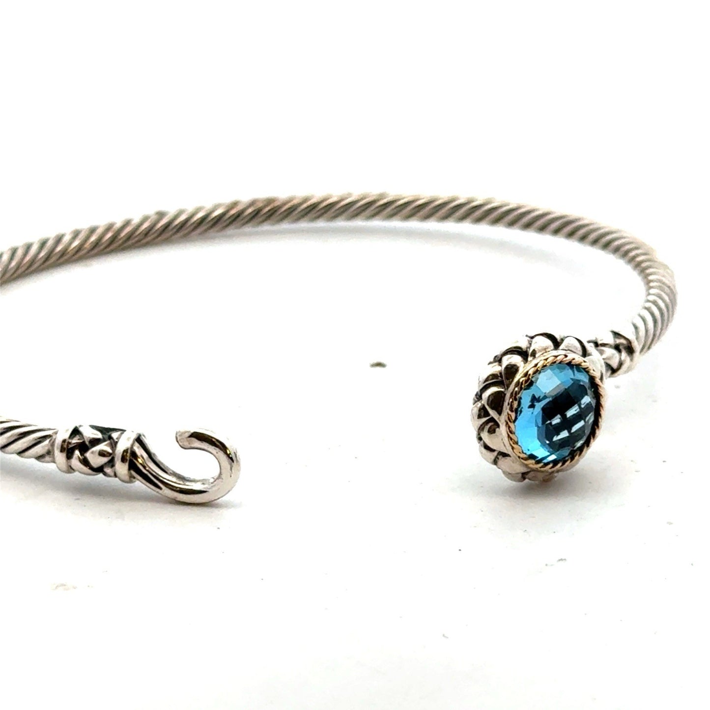 EFFY 925 Sterling Silver 18K Solitaire Blue Topaz Twisted Wire Hook Bracelet
