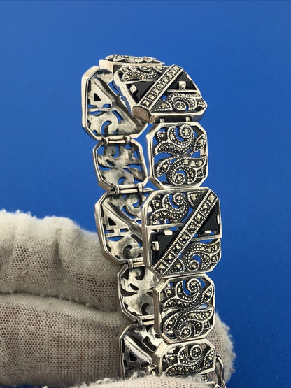 Art Deco Style 925 Sterling Silver Black Onyx Marcasite Scroll Panel Bracelet