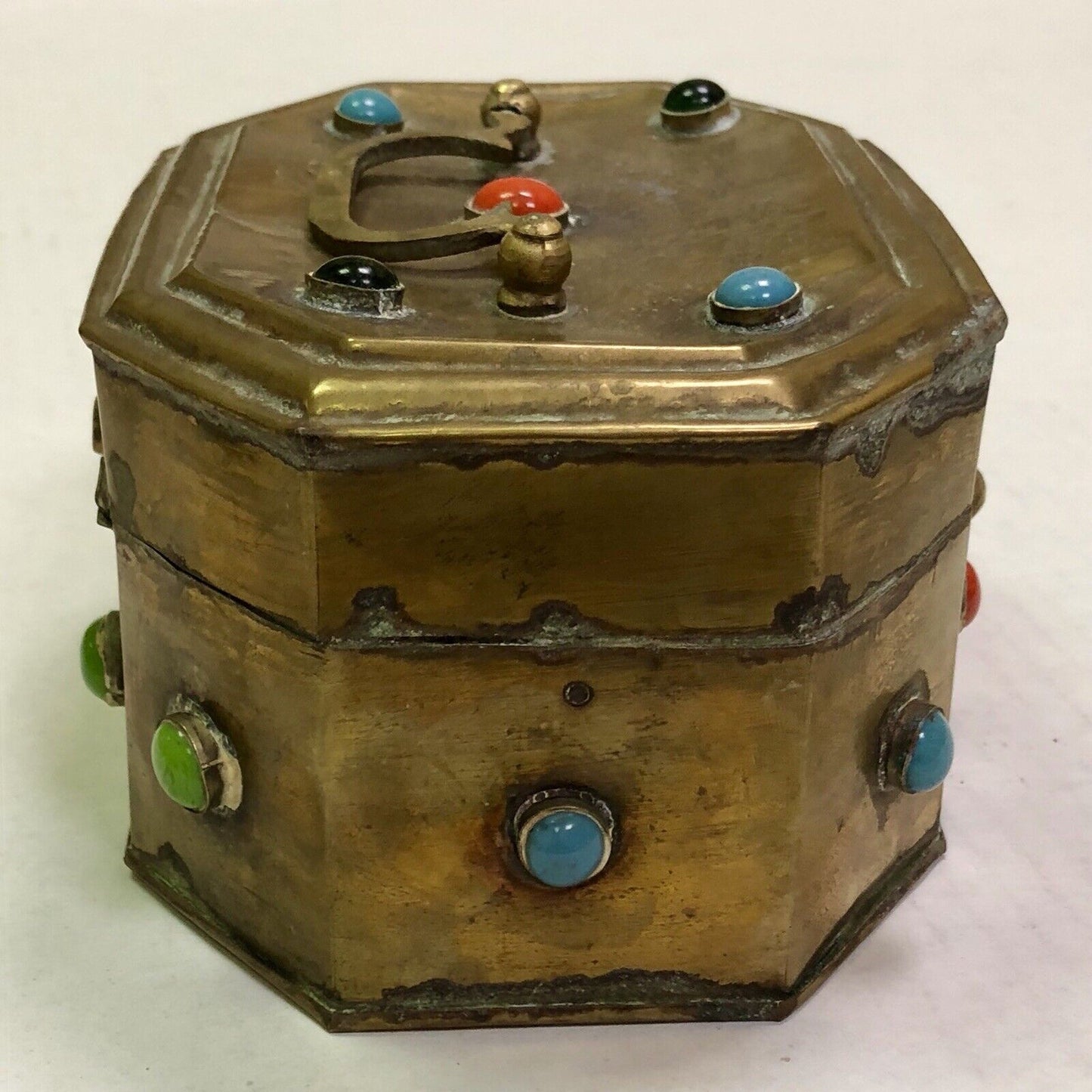 Vintage India Artisan Brass Jeweled Handled Lockable Latched Trinket Jewelry Box