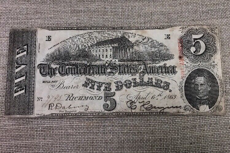 1863 $5 Confederate States of America April 6 Richmond Civil War Era Note T-60