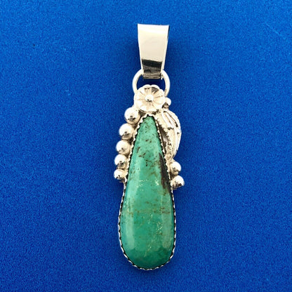 Navajo Designer D.D. Baca Sterling Silver Turquoise Teardrop Floral Pendant